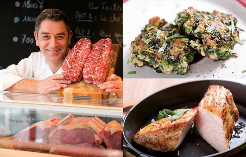 世界一の精肉店のお肉を堪能!■左:ニューヨークタイムズで「世界一の精肉店」と評されたユーゴ・デノワイエ氏。今回はオープンのため東京に来日。■右上:1Fのイートインスペースで食べられる、ハーブと仔牛のひき肉を混ぜ合わせた南仏の郷土料理。■右下:2Fのダイニングでは本格的なお料理が食べられます。こちらは仔牛をシンプルに焼き上げたもの。