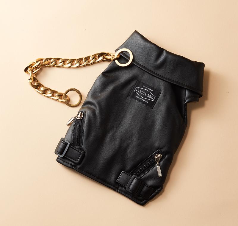 DOGGY BRO ライダースジャケット6500円、ゴールドチョークチェーン(L、LX)3500 円(共に税別)