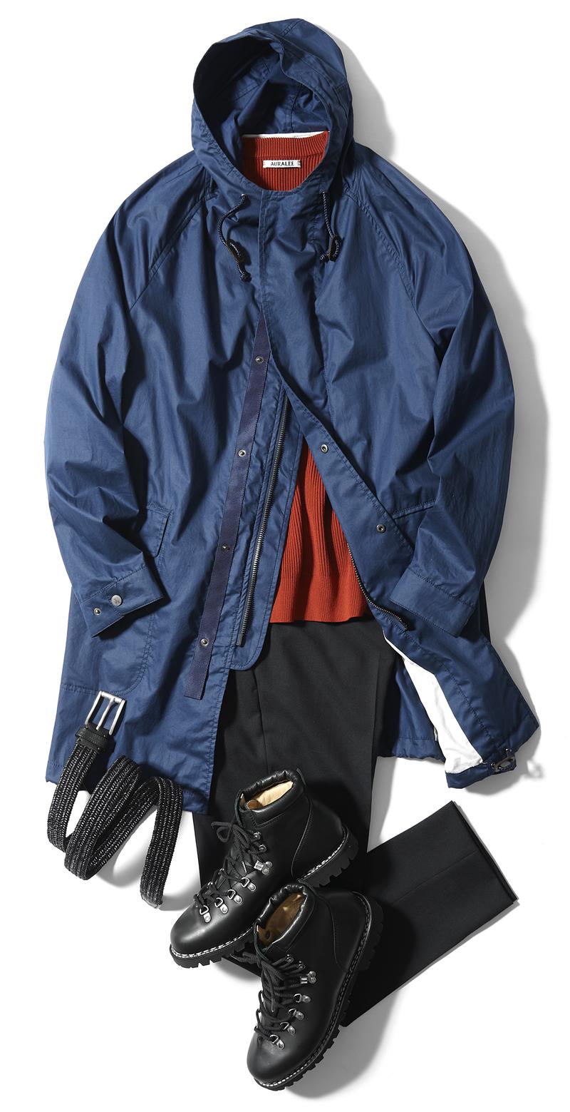 コート12万円/シーラップ(エスディーアイ)、ニット3万4000円/オーラリー、パンツ3万4000円/PT01(ストラスブルゴ)、ベルト2万8000円/ヤコブ コーエン(ヤコブ コーエン GINZA SIX)、靴6万8000円/パラブーツ(パラブーツ青山店)