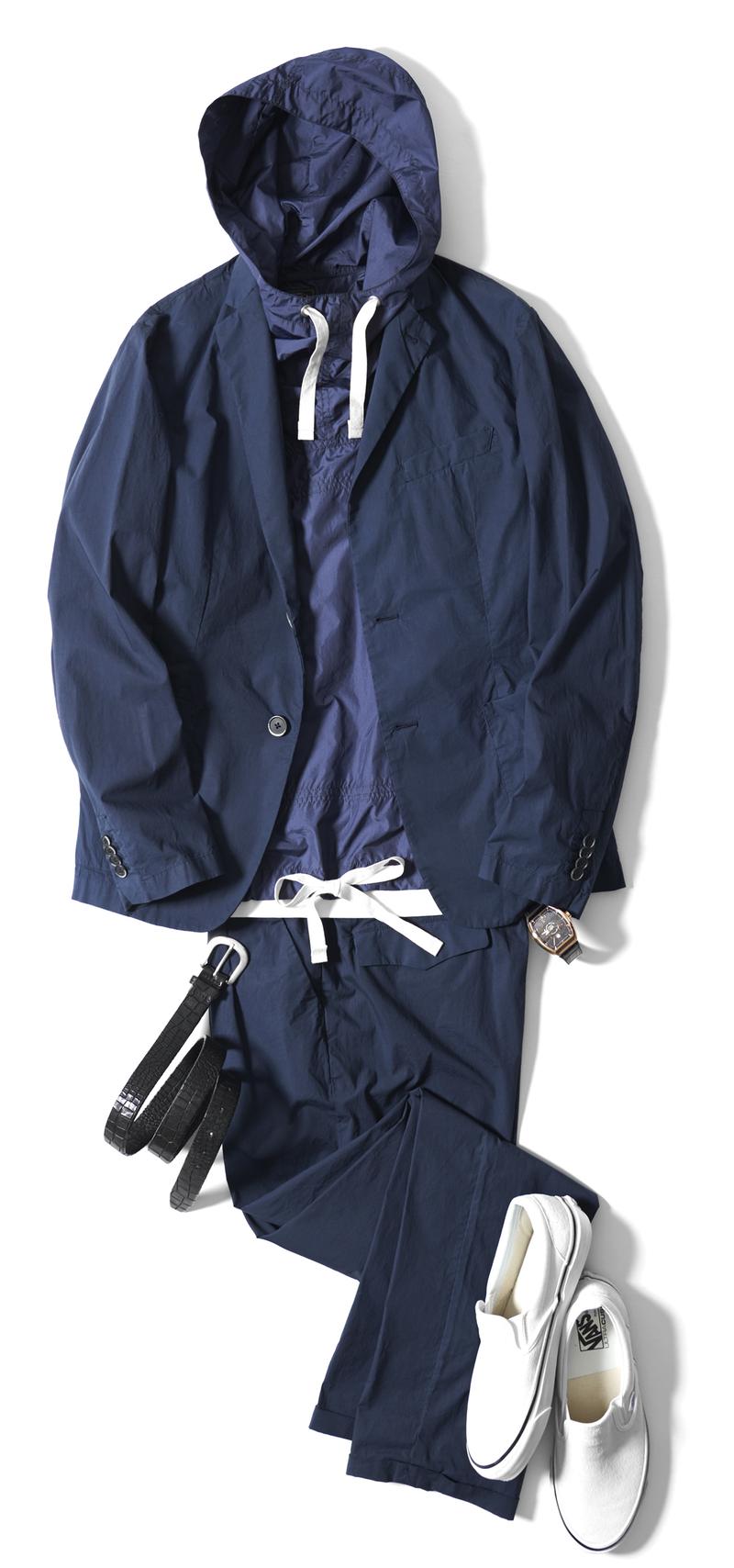 ジャケット5万5000円、同パンツ2万7700円/ともにバレナ(シップス 銀座店)、フーデットブルゾン1万6000円/ビームス プラス(ビームス プラス 原宿)、Tシャツ8000円/ア ボンタージ、ベルト2万2000円/オルチアーニ(ともにビームス ハウス 丸の内)、靴????円/バンズ(アスティーレ ハウス)時計225万円/フランク ミュラー(フランク ミュラー ウォッチランド東京)